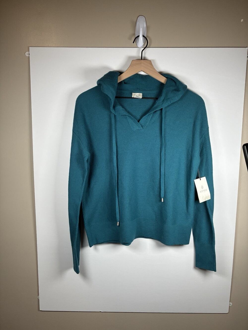 Aspen S NWT 100% Merino Wool Hooded Sweater Teal Blue Waffle Knit Pullover